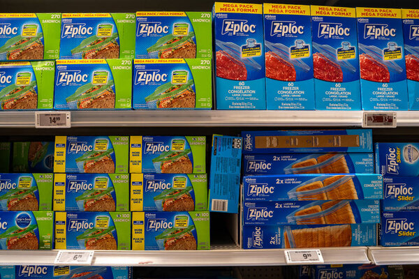 View of Ziploc sandwich and freezer storage bags on store shelf. Toronto, Canada - September 24, 2025.