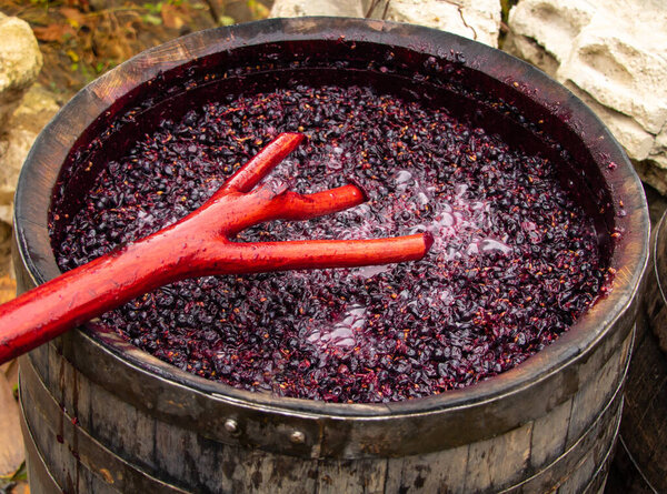 Red wine making in process. work mixing wine in the process of fermentation