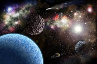 Gezegenler yıldız ve parlak güneşin arasında uzayda