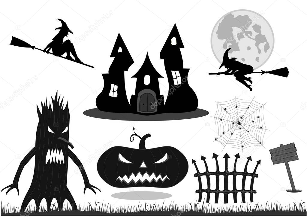 Silhouettes on Halloween. Witch, pumpkin, castle. 