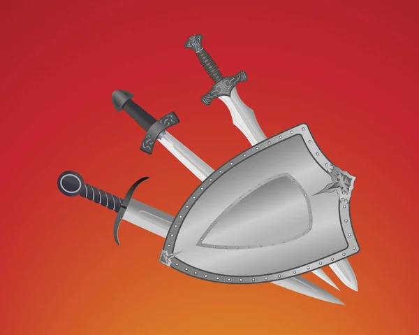 Medieval swords behind the forged shield. — Stock Vector