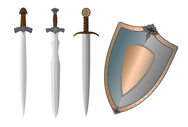 Isolated medieval swords and forged shield. — Stock Vector