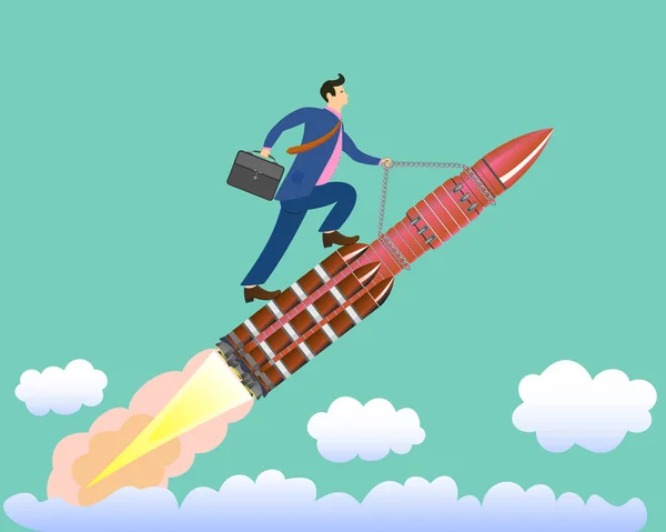 İşadamı bulutların üzerinde bir roket üzerinde uçuyor.