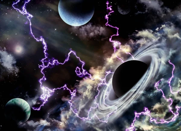 Uzaydaki büyük kara delik gezegenleri yok eder. 3d illüstrasyon — Stok fotoğraf