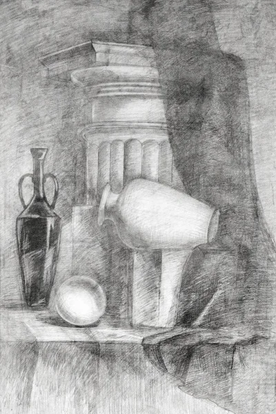 Pencil drawing on paper. Draft history. Pitcher on fabric near the pillar