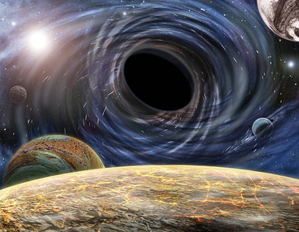 Uzaydaki büyük kara delik gezegenleri ve yıldızları yok eder. Gezegenin yüzeyinden bak. 3d oluşturma — Stok fotoğraf