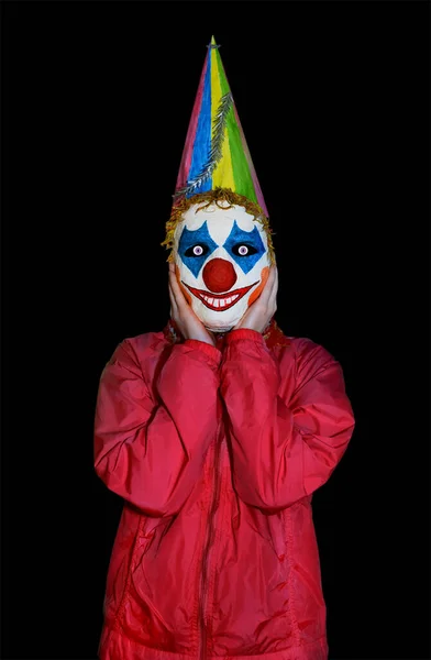 Здивований Чоловік Масці Клоуна Ізольованому Чорному Тлі Жахливий Костюм Хеллоуїна — стокове фото