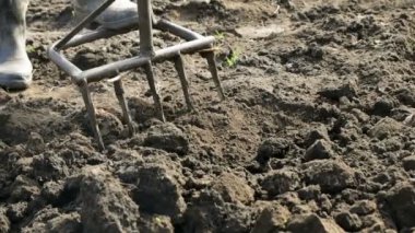 Bir ekiciyle, yabayla gelecek ekimi için toprak kazıyorum. Kırsal bölgelerde tarım. Yavaş çekim.