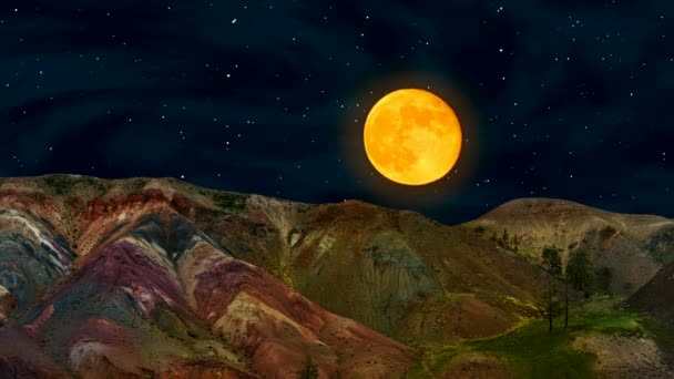 Ruch Pełni Księżyca Nocnym Gwiaździstym Niebie Górski Krajobraz Teledysk Animacyjny — Wideo stockowe