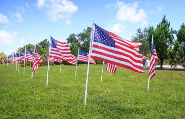 Birden çok büyük Amerikan bayrakları dalga rüzgarda vatansever görüntüsünü tatil sırasında.