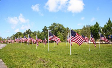 Birden çok büyük Amerikan bayrakları dalga rüzgarda vatansever görüntüsünü tatil sırasında.