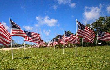 Birden çok büyük Amerikan bayrakları dalga rüzgarda vatansever görüntüsünü tatil sırasında.