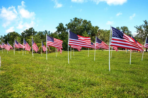 Birden çok büyük Amerikan bayrakları dalga rüzgarda vatansever görüntüsünü tatil sırasında.