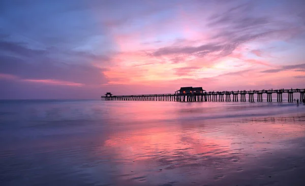 Coucher Soleil Rose Violet Sur Jetée Naples Été Naples Floride — Photo