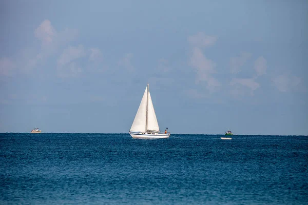 Sailboat glides across the bright blue ocean in Gulf Coast of Florida