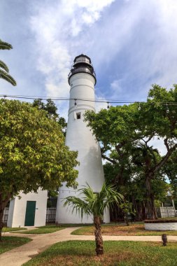 Key West deniz feneri bir Poinciana ağaç ön tarafta eski kasaba Key West Monroe County, Florida bakan.