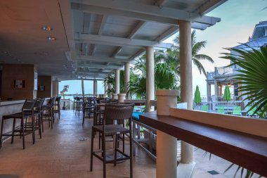 Key West, Florida, ABD - 1 Eylül 2018: Hyatt merkezli Key West Resort ve Spa Key West, Florida, Restoran okyanus manzaralı. Editoryal kullanım için.