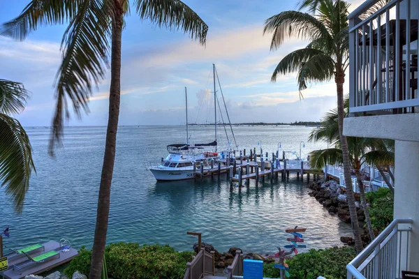 stock image Key West, Florida, USA - September 1, 2018 - Ocean view from bench on the dock at the Hyatt Centric Key West Resort and Spa in Key West, Florida. For editorial use.