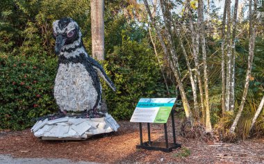 Naples, Florida, Amerika Birleşik Devletleri - 23 Aralık 2018: Gertrude penguen çöp yapılmış heykel okyanusta karaya yıkanmış sanat sergi ve Napoli hayvanat bahçesinde görücüye çevre hareketinin bir parçası olarak bulundu.