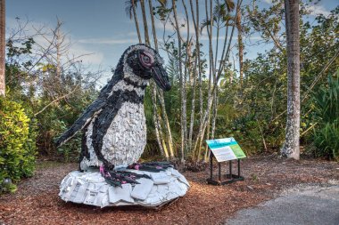 Naples, Florida, Amerika Birleşik Devletleri - 23 Aralık 2018: Gertrude penguen çöp yapılmış heykel okyanusta karaya yıkanmış sanat sergi ve Napoli hayvanat bahçesinde görücüye çevre hareketinin bir parçası olarak bulundu.