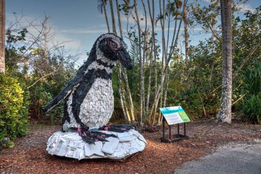 Naples, Florida, Amerika Birleşik Devletleri - 23 Aralık 2018: Gertrude penguen çöp yapılmış heykel okyanusta karaya yıkanmış sanat sergi ve Napoli hayvanat bahçesinde görücüye çevre hareketinin bir parçası olarak bulundu.