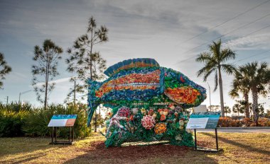 Naples, Florida, Amerika Birleşik Devletleri - 23 Aralık 2018: Priscilla okyanusta karaya yıkanmış sanat parçası olarak bulunan çöp heykeller papağan balık sergi ve çevre hareketi Napoli hayvanat bahçesinde görücüye.