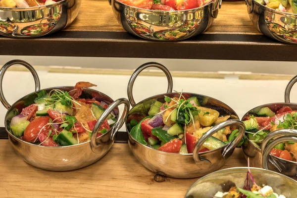 stock image Panzanella salad in individual bowls at a buffet dinner or lunch.