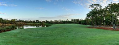 Yemyeşil yeşil çimenlerin üzerinde bir yol için bir golf arabası ile golf sahası