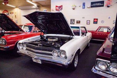 Beyaz 1965 Chevrolet Chevelle S, Muscle Car Cit 'te sergileniyor.