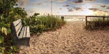 Wood bench overlooks White sand path leading toward Delnor Wiggins State Park at sunset in Naples, Florida. clipart
