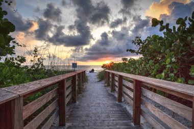 Lone man on a Boardwalk leading toward Delnor-Wiggins State Park at sunset in Naples, Florida. clipart