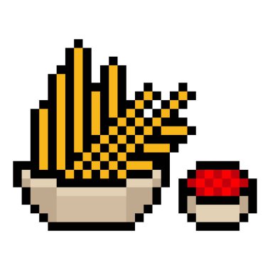 Kavanozda patates kızartması ve piksel resimli ketçap.