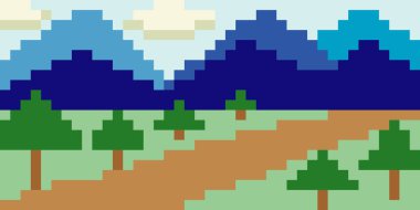 Piksel sanatında dağ yolu manzarası arka planı