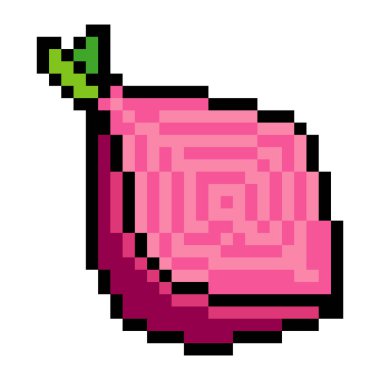 Beyaz arkaplanda pikselli yarım kırmızı soğan dilimi.