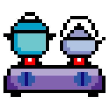 Tencereli fırın ve pikselli çaydanlık beyaz arka planda izole edilmiş.