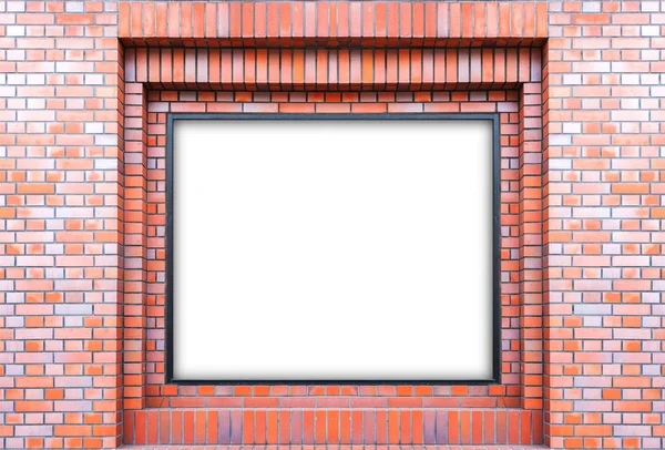 Blank white billboard on red brick wall.