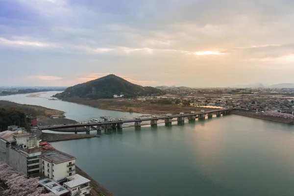 Paisaje Inuyama Vista Ciudad Con Montaña Río Kiso Atardecer —  Fotos de Stock