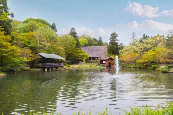 Die Malerische Landschaft Haus Teich Reflexion Wasser Wald Umgibt Das — Stockfoto