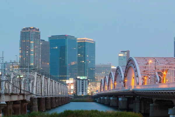 Liggande Över Osaka Stad Vid Umeda Från Hela Yodogawa River — Stockfoto