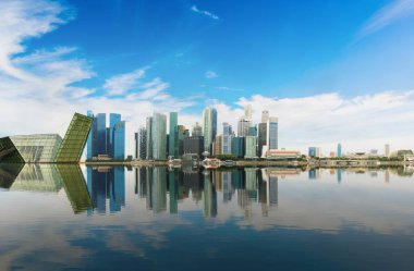 Singapur şehir manzarası. Singapur 'da güneşin doğuşunda iş bölgesinin ve Marina Körfezi siluetinin görünümü.