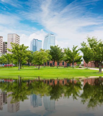 Yansıma ve modern bina ile merkezi Park manzara.