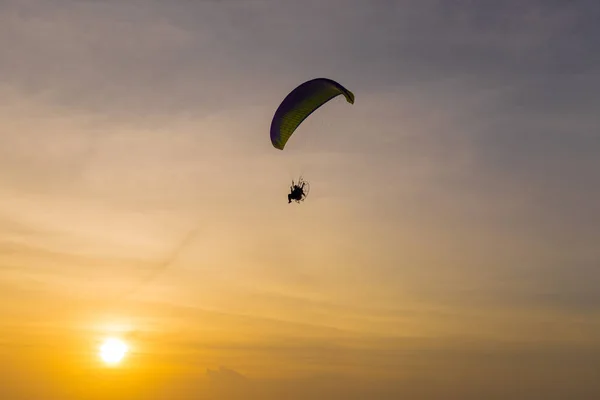 Silhouette of Paramotors flying to sky on sunset. — Stock Photo, Image