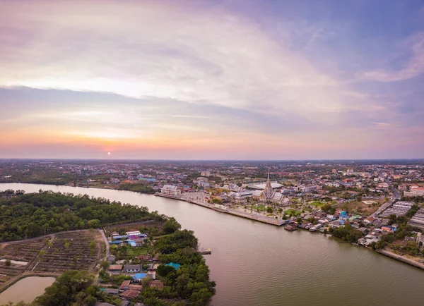 Aerial view Landscape sunset of Wat Sothon Wararam Worawihan, Religious tourist attraction and famous temple in Cha Choeng Sao Province Thailand.