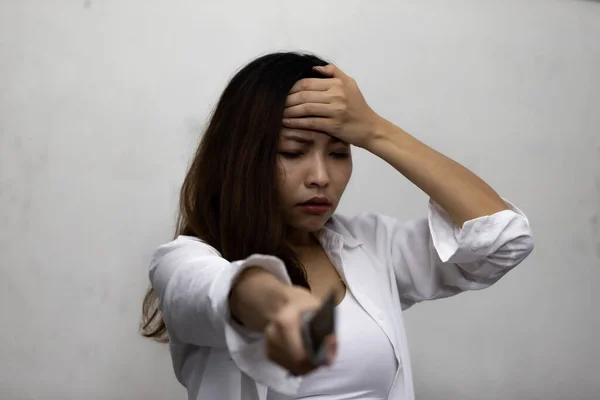 Asian Woman Holding Knife Stressful Problem Crazy Girl — Stock Photo, Image