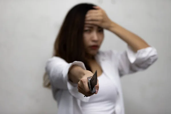 Asian Woman Holding Knife Stressful Problem Crazy Girl — Stock Photo, Image