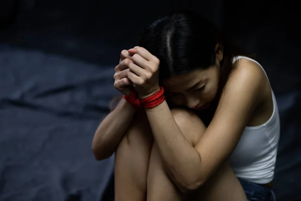 Stop Violence Women Victim Women Tied Red Rope Sexual Abuse — Stock Photo, Image