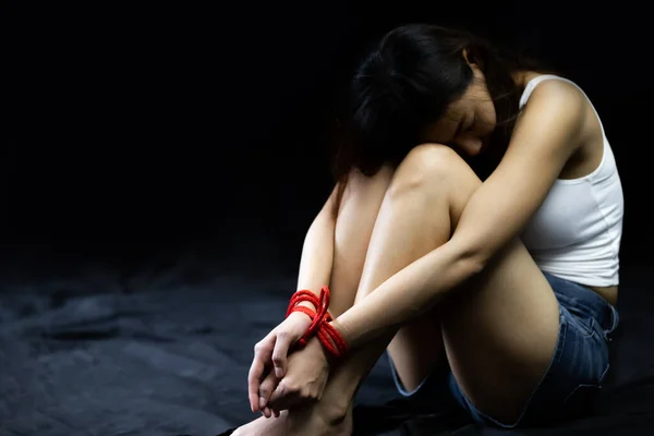 Stop Violence Women Victim Women Tied Red Rope Sexual Abuse — Stock Photo, Image