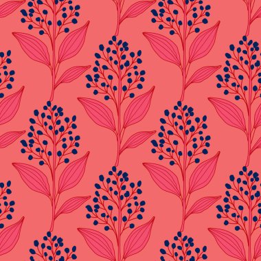 Tatlı pembe çiçekler, romantik bir kırmızı ya da açık kırmızı zemine çizilmiş pürüzsüz eller. Kumaş, moda, tekstil ve hediye ambalajı için tasarlandı..