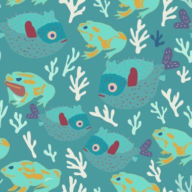 Deniz hayvanları kusursuz desen. Kirpi balığı ve Cane kurbağa vektör geçmişi. Vektör illüstrasyonu