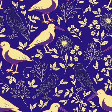 Avrasya İstiridye Avcısı ve Kuzey Goshawk kusursuz vektör deseni, el yapımı kuş arka planı. Vektör illüstrasyonu